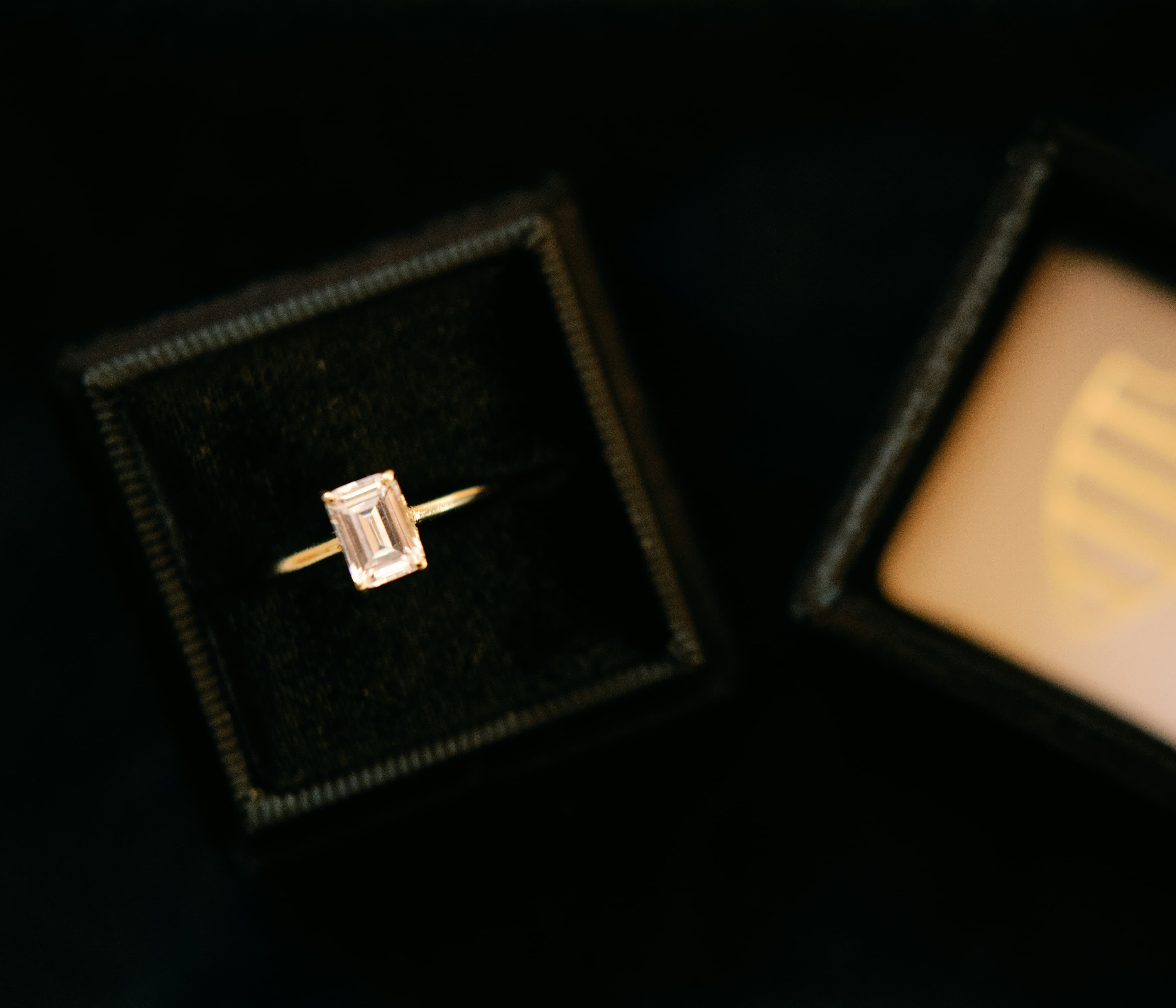 Emerald cut ring in box